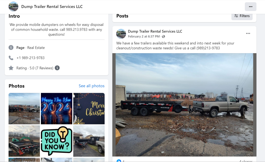 Screenshot of Facebook page of a dump trailer rental service